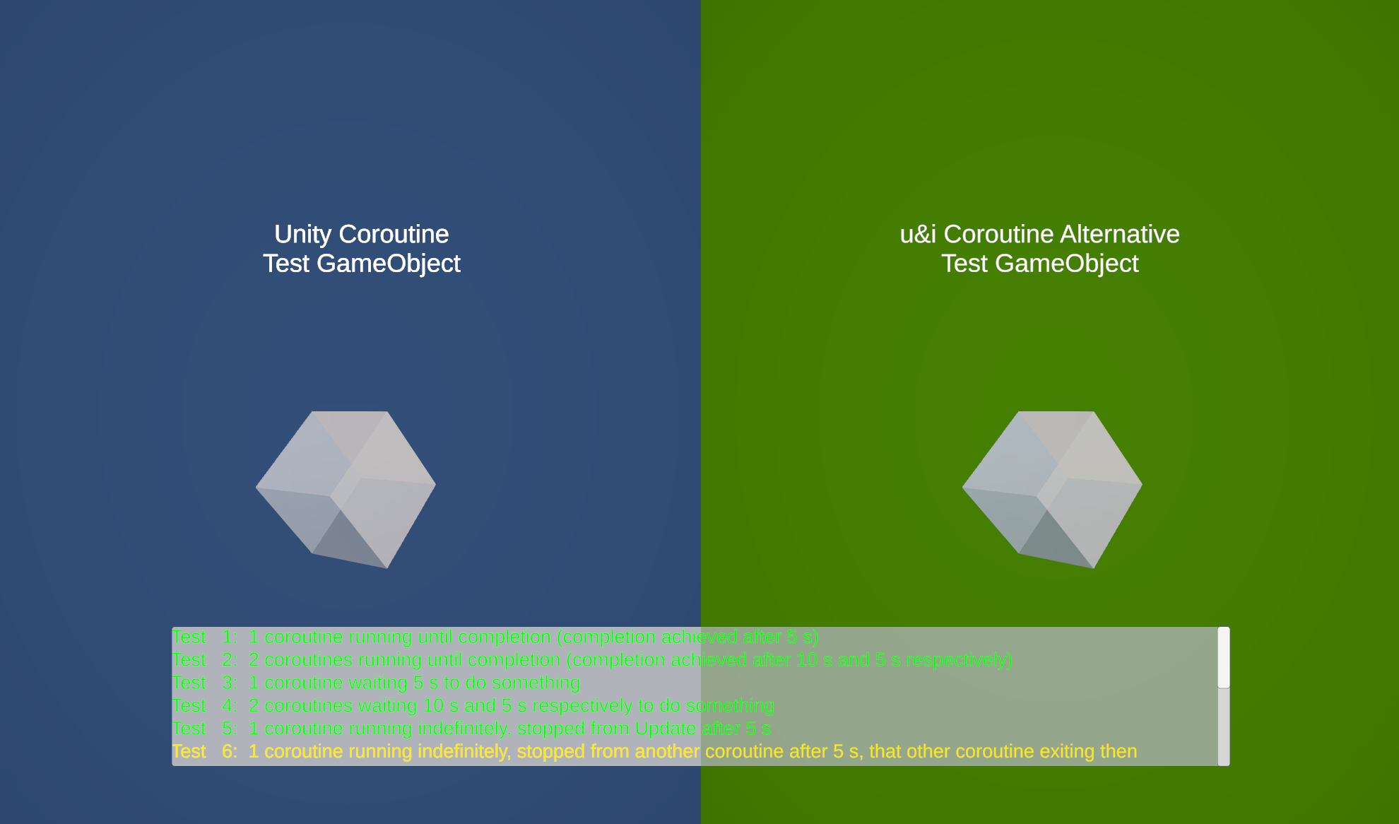 Coroutine Alternative and Unity Coroutine each performing the same code on a seperate GameObject resulting in the same display, 6th test running