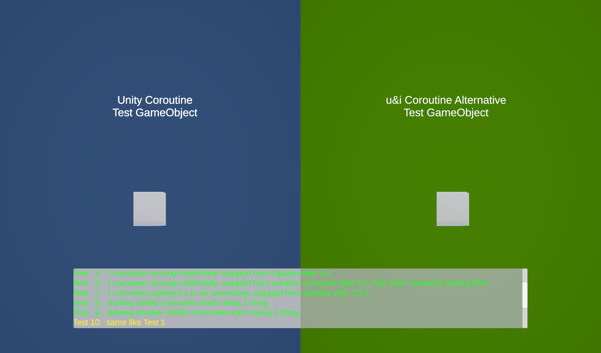 Coroutine Alternative and Unity Coroutine each performing the same code on a seperate GameObject resulting in the same display, 10th test running